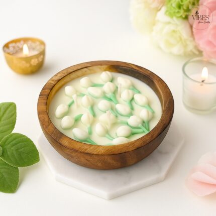 Handmade Mogra Bowl Candle | Wooden Decorative Soy Wax Candle with Mogra Fragrance | Festive & Home Décor Gift