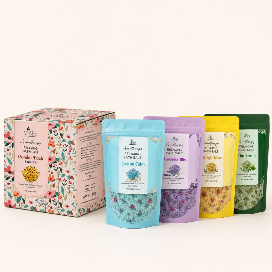 Bath Salt Combo of 4 – 100g Each | Aromatherapy Bath Soak with Mineral-Rich Salts & Soothing Fragrances | Relaxing Spa Experience at Home